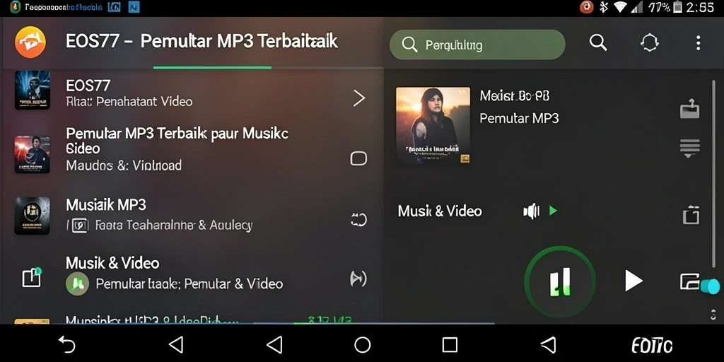 Tampilan antarmuka aplikasi Pemutar MP3 EOS77 yang menarik dan mudah digunakan.